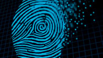Personal information encryption and private data protection as a digital fingerprint being pixelated into encrypted pixels as a security technology symbol and password protection icon and online customer info. Genrebild från Mostphotos för att illustrera datasäkerhet, informationssäkerhet.