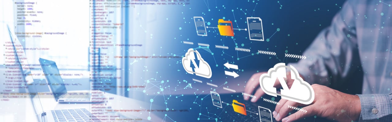 man hand on laptop working with data cloud transmission , document and files management system