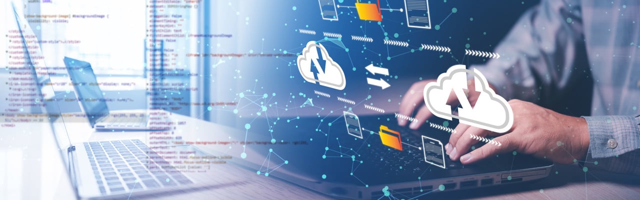man hand on laptop working with data cloud transmission , document and files management system