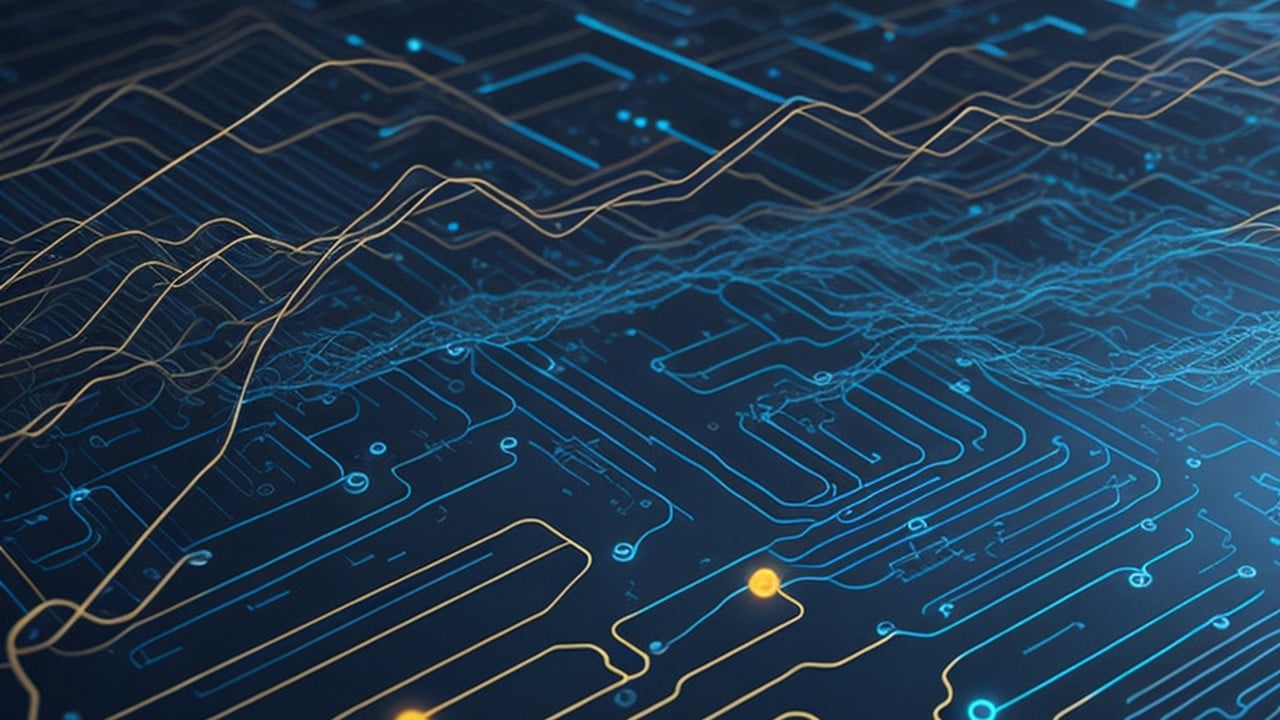 An abstract illustration of data flowing through a network of nodes, digital background with binary code and AI algorithms running in the background, Futuristic technology wallpaper with digital wave