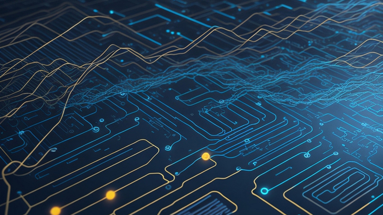An abstract illustration of data flowing through a network of nodes, digital background with binary code and AI algorithms running in the background, Futuristic technology wallpaper with digital wave