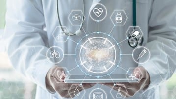 Medical tech science, innovative iot global healthcare ai technology, World health day with doctor on telehealth, telemedicine service analyzing online on EHR, EMR patient digita data on tablet in lab