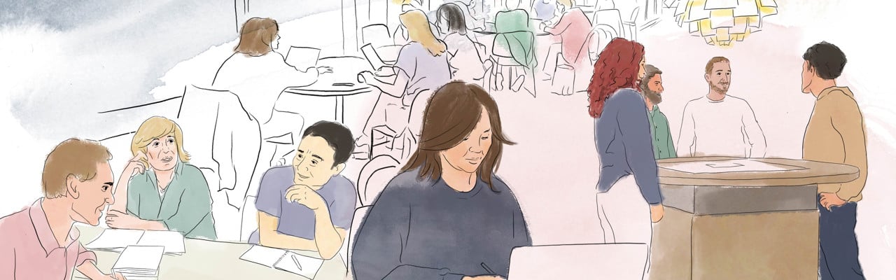 Många människor i olika studiesituationer i humanisthuset