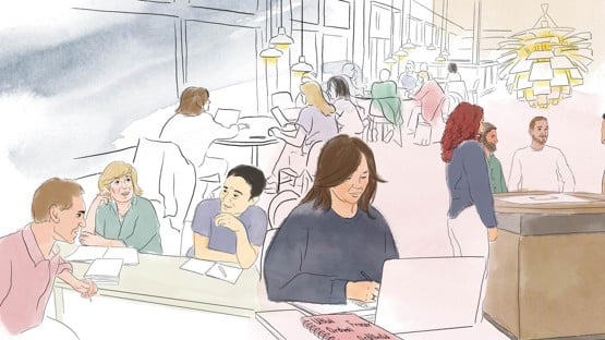 Många människor i olika studiesituationer i humanisthuset