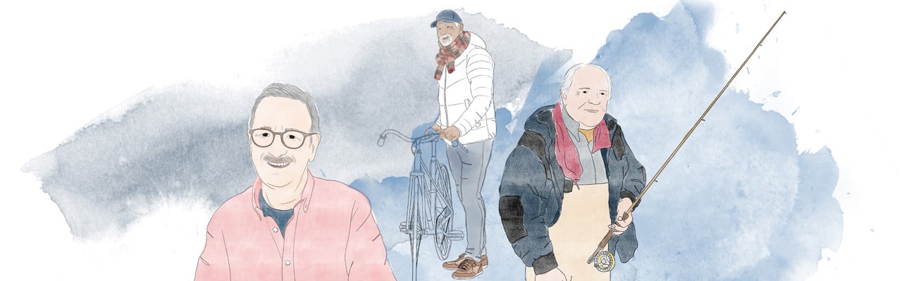 Toppbild som illustrerar tre män som är inom patientgruppen för forskningsprojektet SPRINTR.