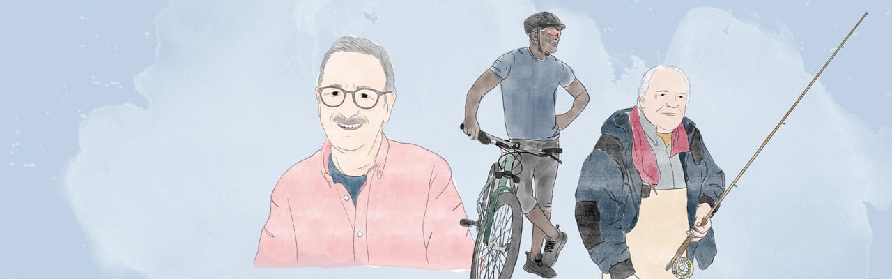 Toppbild som illustrerar tre män som är inom patientgruppen för forskningsprojektet SPRINTR.