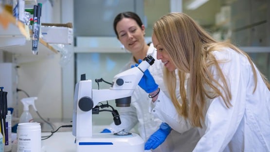 Two women in lab coats looking through a microscope.