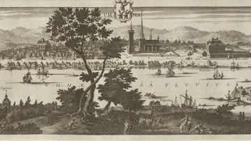 Illustration av Umeå stad sett från älven runt år 1700