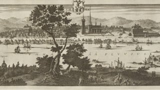 Illustration av Umeå stad sett från älven runt år 1700