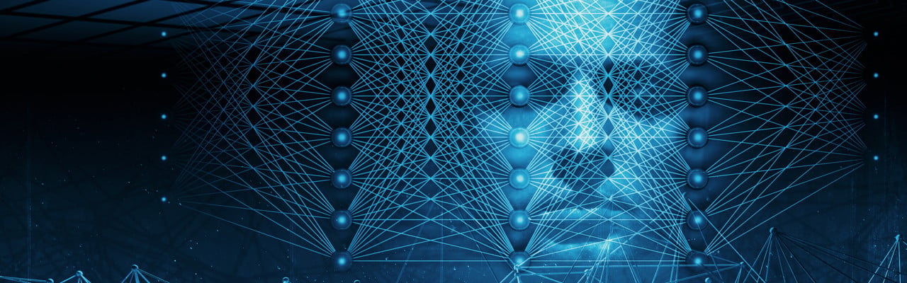 Artificiell intelligens. 3D-illustration med neurala nätverk och ett blått ansikte.