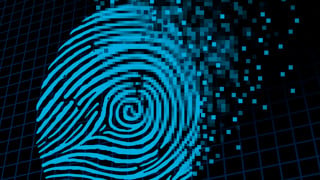 Personal information encryption and private data protection as a digital fingerprint being pixelated into encrypted pixels as a security technology symbol and password protection icon and online customer info. Genrebild från Mostphotos för att illustrera datasäkerhet, informationssäkerhet.