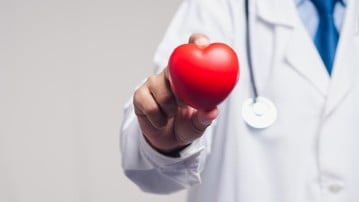 Close-up of a doctor holding a red heart model, symbolizing heart care, cardiology, and medical support for cardiovascular health and disease prevention.