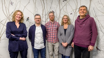 Principal investigators of the Center for modeling adaptive mechanisms in living systems under stress (Stress Response Modeling at IceLab). From left to right: Åsa Strand, Kemal Avican, Martin Rosvall, Maria Fäellman, Sebastian Diehl. Not pictured: Åke Brännström, Eric Libby and Ludvig Lizana, also PIs of the Center.