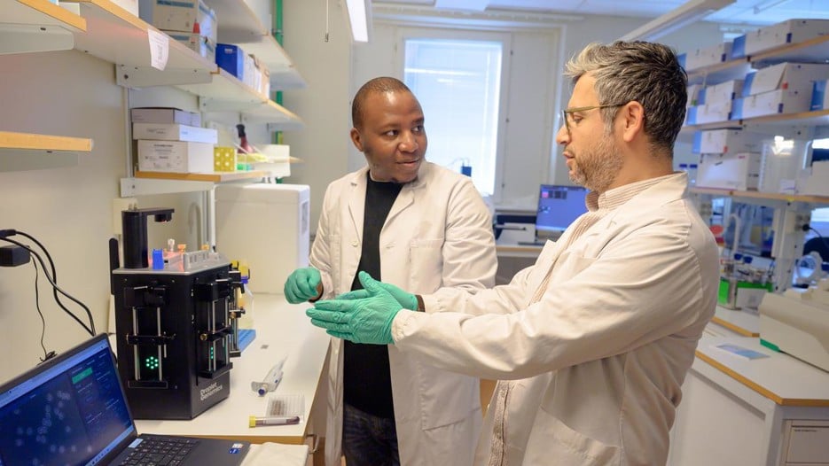 Joram Waititu and Kemal Avican work together in a lab