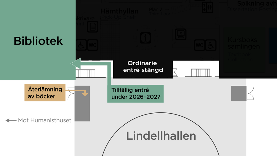 Karta som visar bibliotekets entré och bokåterlämning under renoveringen.