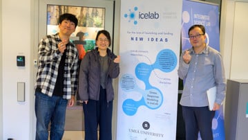 Korean researchers Hyun Woo Lee, Hye Jin Park and Sang Hoon Lee stand outside IceLab during their August 2024 visit