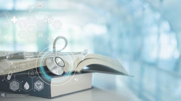 medical education learning concept. stethoscope on medical textbook for doctor learning treatment and Procedures.