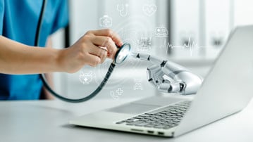 Hands of robot and human touching medical icons interface virtual screen, with performance with graphical icon display. Science and innovation, medical Artificial intelligence technology concept.