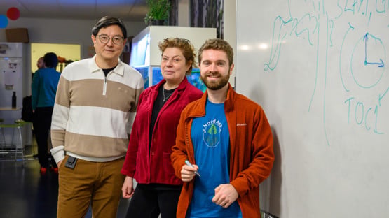 Jun Yu, Maria E. Eriksson and Bertold Mariën during a research meeting in IceLab