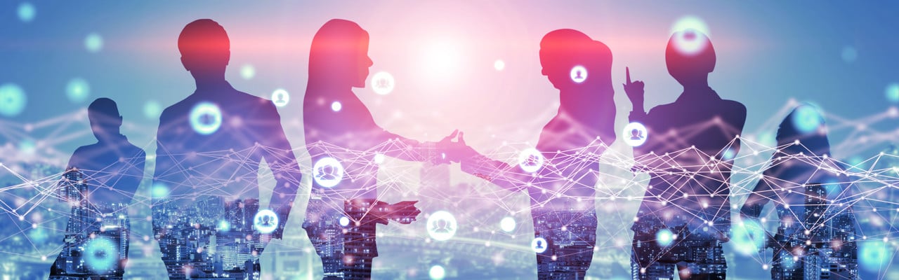 Creative image of many business people conference group meeting on city office building background showing partnership success of business deal. Concept of teamwork, trust and agreement.