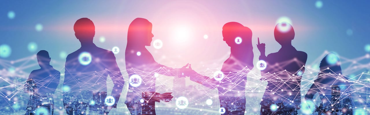 Creative image of many business people conference group meeting on city office building background showing partnership success of business deal. Concept of teamwork, trust and agreement.