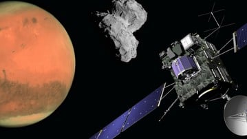 Satellit, röd planet och komet
