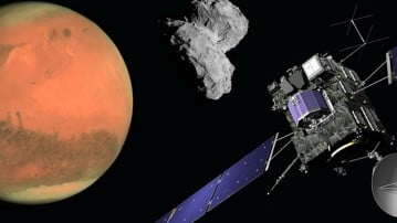 Satellit, röd planet och komet