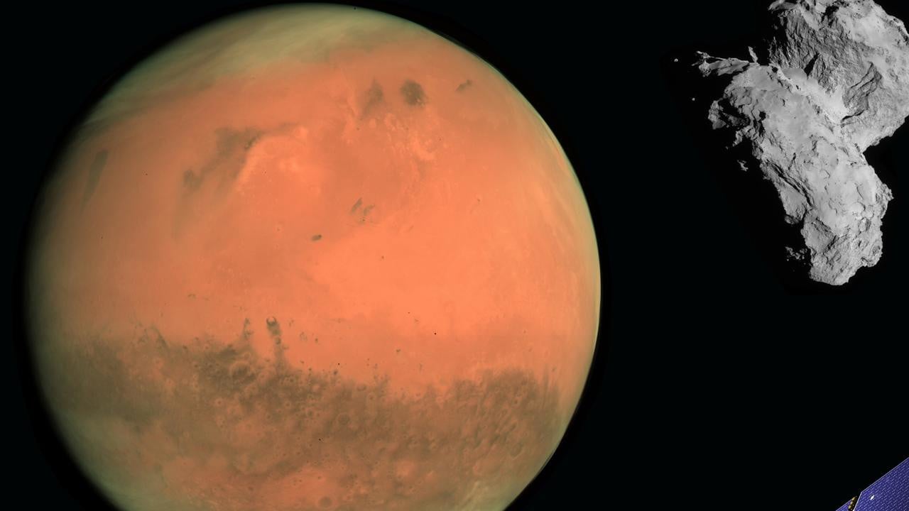 Satellit, röd planet och komet