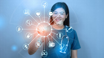 Female Doctor writing white icon medical icons on virtual screen HUD, medical technology network,internet of things (IOT)  ai concept