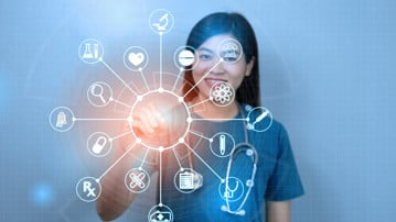 Female Doctor writing white icon medical icons on virtual screen HUD, medical technology network,internet of things (IOT)  ai concept