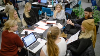 Studerande studenter i vardagsrummet
