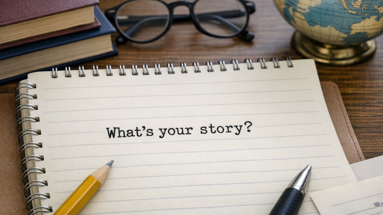 Anteckningsbok med texten What's your story?