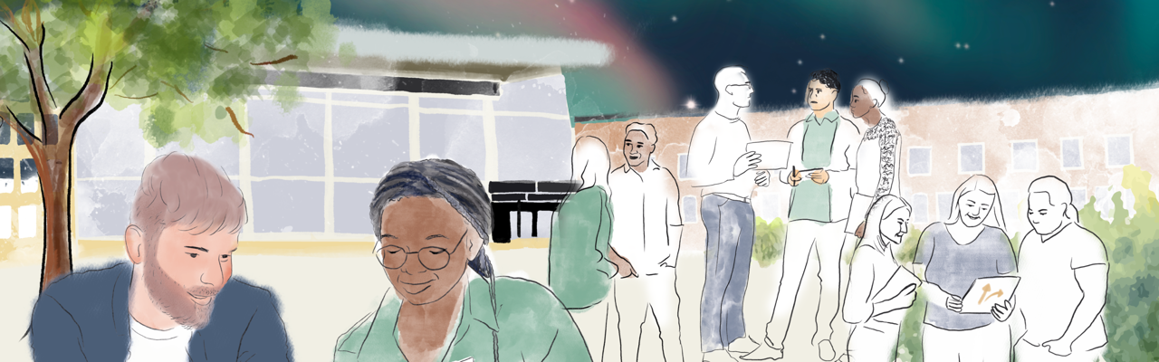 Illustration av medarbetare som samarbetar och pratar med lindellhallen och norrsken i bakgrunden.