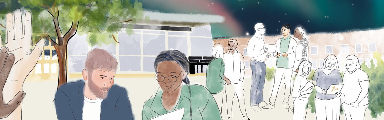 Illustration av medarbetare som samarbetar och pratar med lindellhallen och norrsken i bakgrunden.