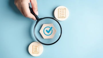Document Management Checking System, online documentation database and process manage files, Magnifier check and focus to document folder, documentation. Corporate business technology concept.