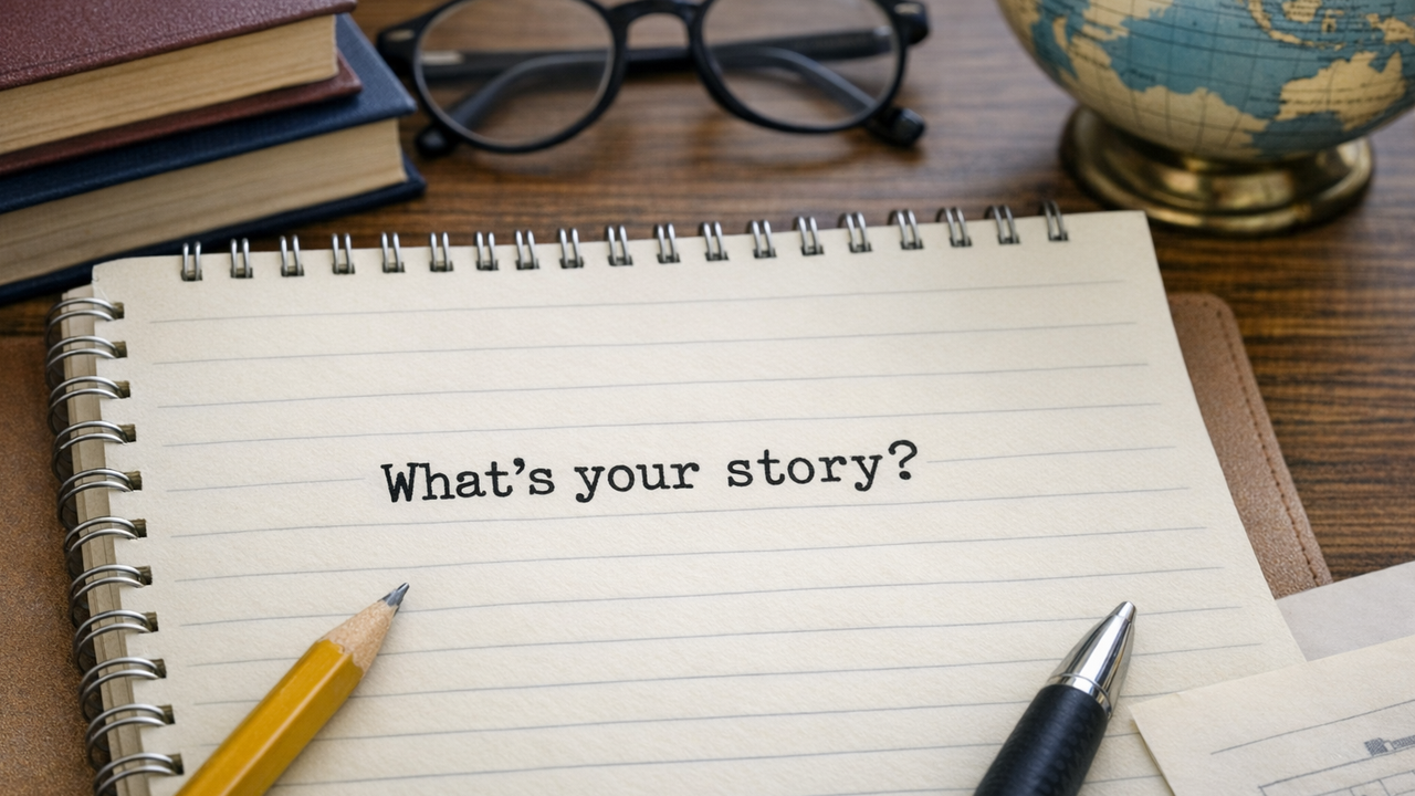 Anteckningsbok med texten What's your story?