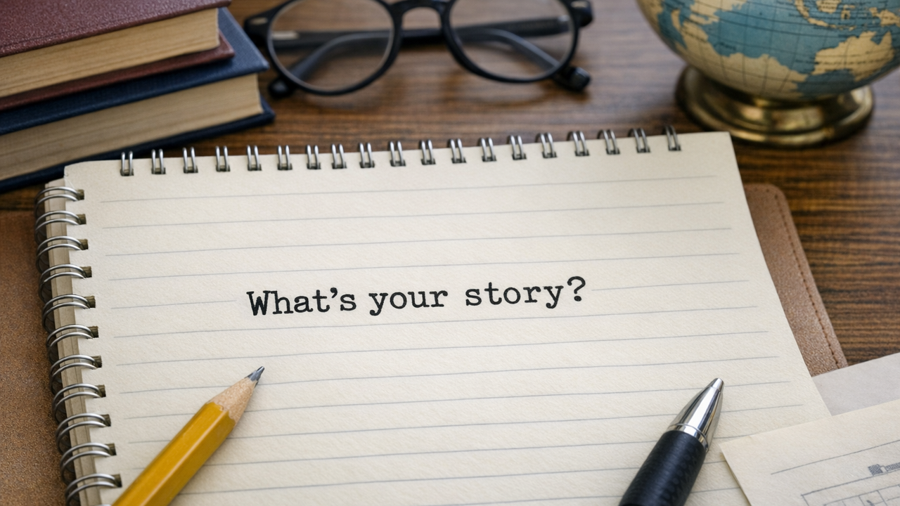 Anteckningsbok med texten What's your story?