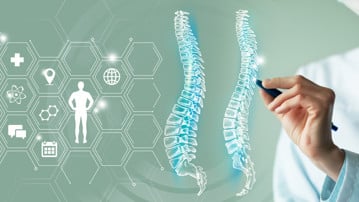 Telemedicine and human Spine Vertebra recovery concept. Turquoise color palette, copy space for text.