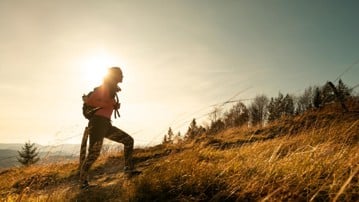 Hiker young woman with backpack rises to the mountain top on mountains landscape background