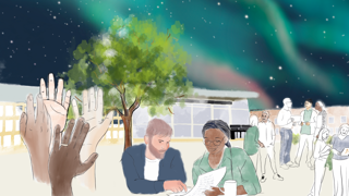 Illustration av medarbetare som samarbetar och pratar med lindellhallen och norrsken i bakgrunden.