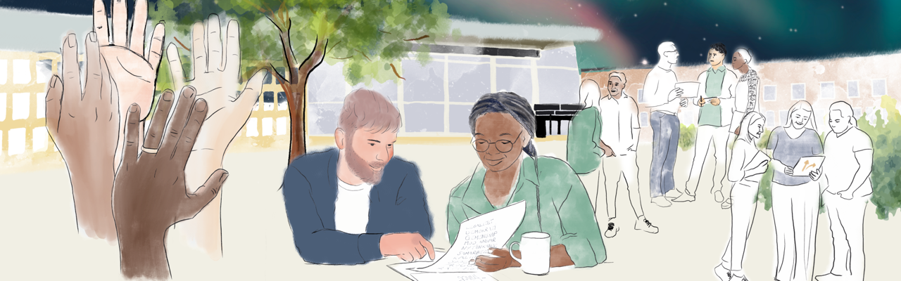 Illustration av medarbetare som samarbetar och pratar med lindellhallen och norrsken i bakgrunden.