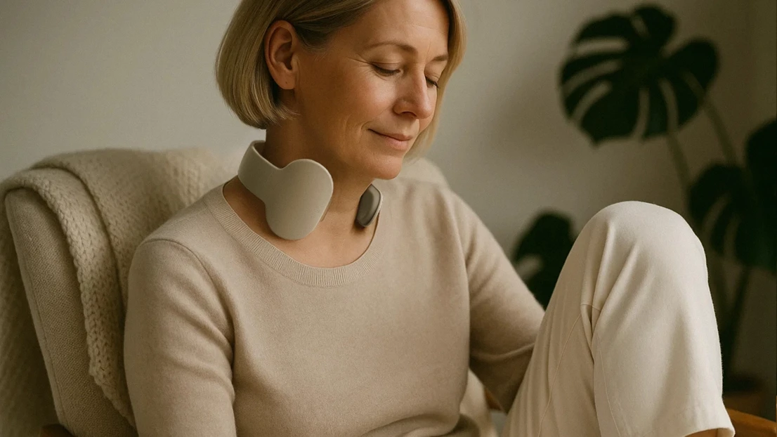 Woman wearing the Sona neck cuff at home in a relaxed, intimate setting, demonstrating the wearable’s comfort for daily use.
