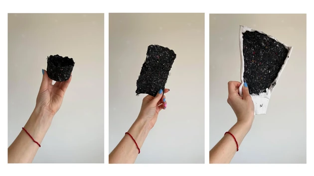 Material experiments: Testing different homemade glue recipes with shredded textiles.