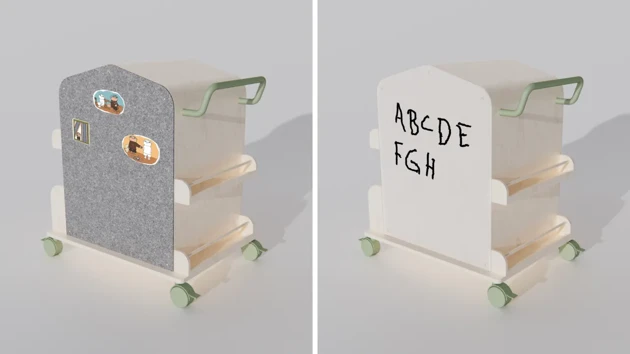 Two back panel options: felt for storytime, whiteboard for writing