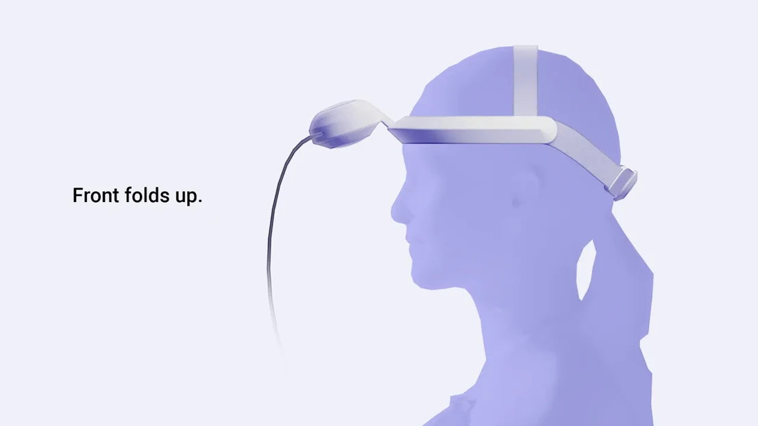 The front can be folded up to rest the eyes or to enable more natural conversations with people in the office