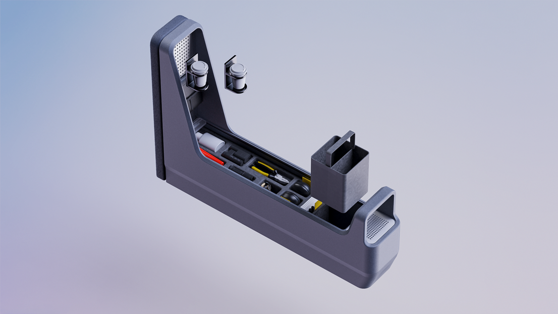 In the middle console, there is the police's shared equipment, a waste bin with recycling options, and a modular system for interior accessories. 