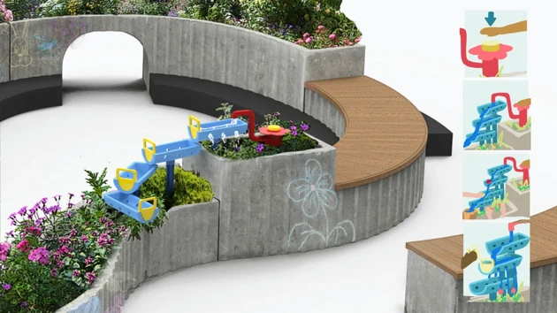 The water feature is designed to encourage interaction. By working together, they can water plants, but it also offers creativity and playfulness