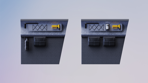 The door panels share the same modular system for accessories and can be adapted to different needs. A personal storage bag can also be found here. 
