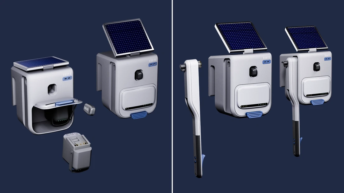 Inserting the battery into the charging station. Attaching the tiller to its designated slot in the charging station.