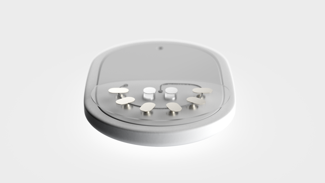 Two iontophoresis electrodes stimulate sweat glands, producing sweat that passes through six electrochemical sensors in a microfluidic channel.